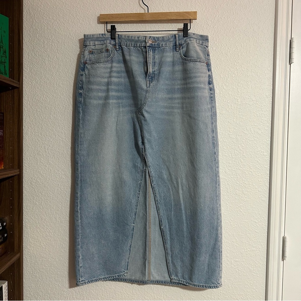 American Eagle Denim Skirt Womens 16 Low Rise Maxi Front Split Light Wash